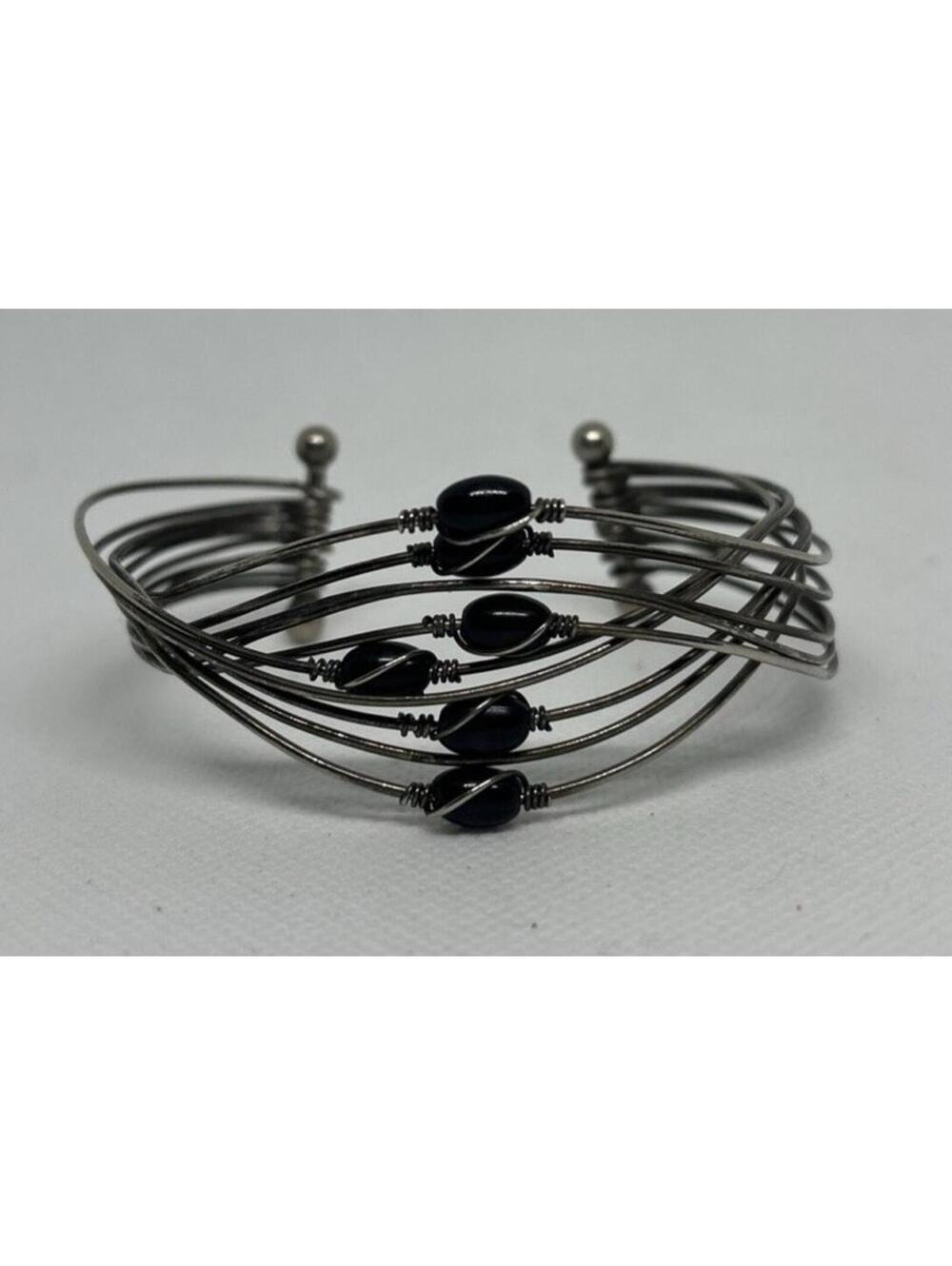 Vintage Cuff Bracelet 2.5” Wide Silver Tone Black Round Beads